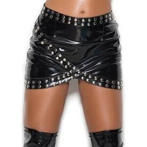 ELEGANT MOMENTS LEATHER black vinyl nailhead goth crossover‎ mini skirt L